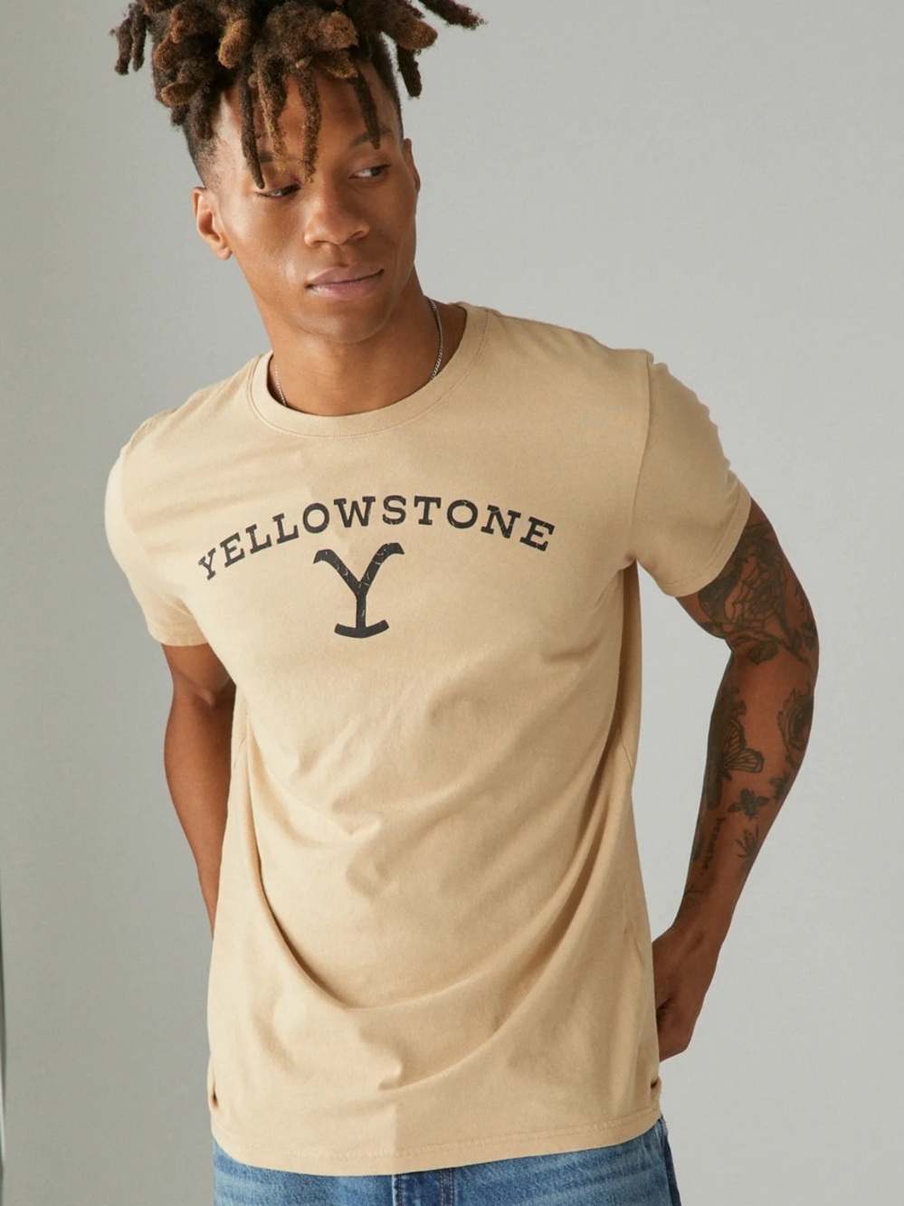 Lucky Brand Yellowstone Arch Logo Tee - Ginger Root Cotton Short Sleeve T-Shirt